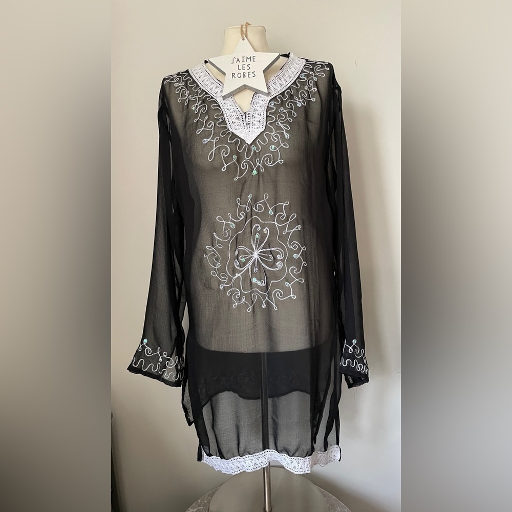 INGEAR Black Sheer Tunic Bathsuit Coverup with White Embroidery & Sequins